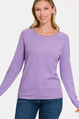 Shop HLAVENDER Zenana Rolled Round Neck Long Sleeve Sweater - High-Quality U.S. Made Women’s Fashion with Free & Fast Shipping