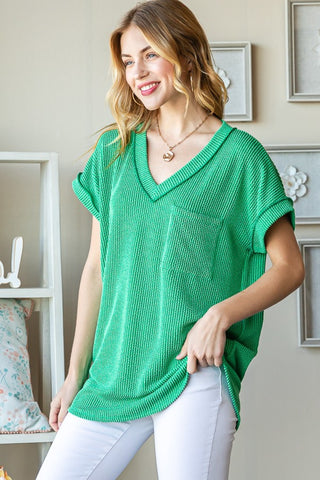 Shop Kelly Green Heimish Full Size Front Pocket Short Sleeve Ribbed Top - High-Quality U.S. Made Women’s Fashion with Free & Fast Shipping