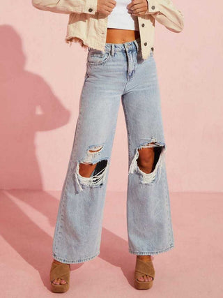 Shop Distressed Wide Leg Jeans with Pockets - High-Quality U.S. Made Women’s Fashion with Free & Fast Shipping