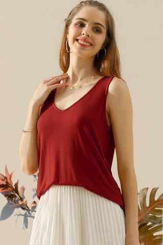 Shop BURGUNDY Ninexis Full Size V-Neck Curved Hem Tank - High-Quality U.S. Made Women’s Fashion with Free & Fast Shipping