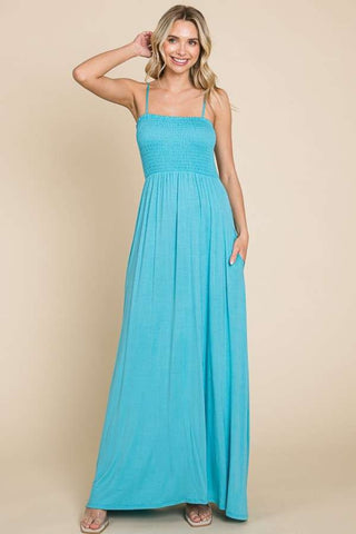 Shop Pastel Teal Culture Code Full Size Smocked Cami Maxi Dress with Pockets - High-Quality U.S. Made Women’s Fashion with Free & Fast Shipping