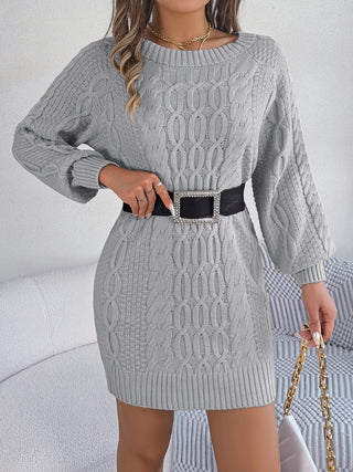 Shop Light Gray Cable-Knit Round Neck Sweater Dress - High-Quality U.S. Made Women’s Fashion with Free & Fast Shipping