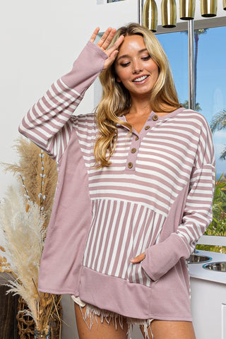 Shop BiBi Striped Thumbhole Long Sleeve Top - High-Quality U.S. Made Women’s Fashion with Free & Fast Shipping