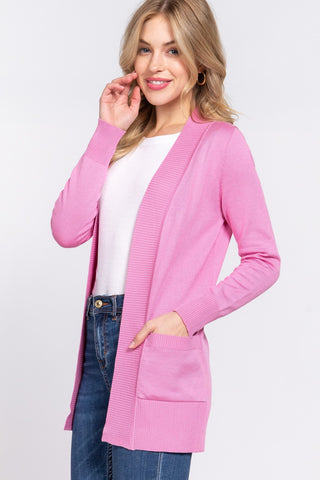 Shop PINK ACTIVE BASIC Ribbed Trim Open Front Cardigan - High-Quality U.S. Made Women’s Fashion with Free & Fast Shipping