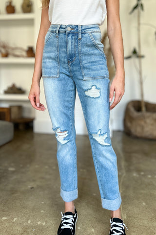 Shop Judy Blue Full Size Distressed Straight Jeans with Patch Pockets - High-Quality U.S. Made Women’s Fashion with Free & Fast Shipping