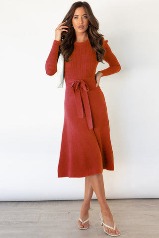 Shop Round Neck Long Sleeve Tie Waist Sweater Dress - High-Quality U.S. Made Women’s Fashion with Free Fast Shipping