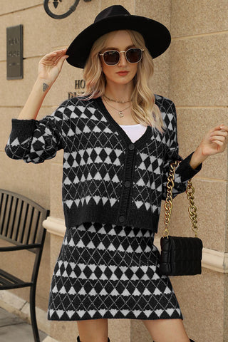 Shop Geometric Dropped Shoulder Cardigan and Knit Skirt Set - High-Quality U.S. Made Women’s Fashion with Free Fast Shipping