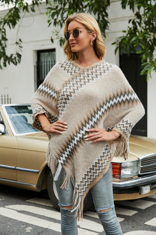 Shop Fringe Hem Striped Cape Sleeve Poncho - High-Quality U.S. Made Women’s Fashion with Free Fast Shipping