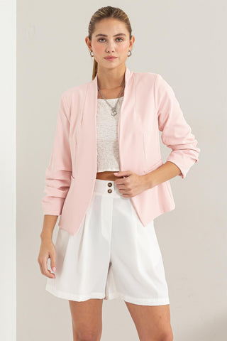 Shop Blush HYFVE Open Front Ruched Sleeve Blazer - High-Quality U.S. Made Women’s Fashion with Free & Fast Shipping