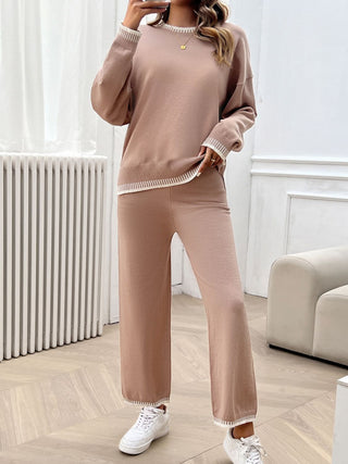 Shop Round Neck Dropped Shoulder Top and Pants Sweater Set - High-Quality U.S. Made Women’s Fashion with Free Fast Shipping