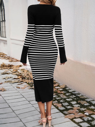 Shop Striped V-Neck Long Sleeve Sweater Dress - High-Quality U.S. Made Women’s Fashion with Free & Fast Shipping