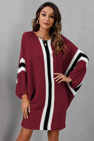 Shop Burgundy Ribbed Round Neck Long Sleeve Sweater Dress - High-Quality U.S. Made Women’s Fashion with Free & Fast Shipping