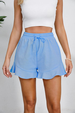 Shop Blue Full Size Drawstring Ruffle Hem Shorts - High-Quality U.S. Made Women’s Fashion with Free & Fast Shipping