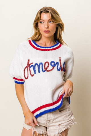 Shop BiBi Metallic America Letter Short Sleeve Sweater - High-Quality U.S. Made Women’s Fashion with Free & Fast Shipping