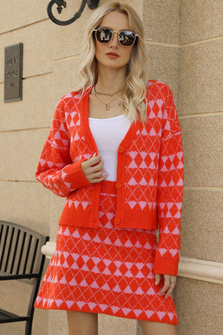 Shop Geometric Dropped Shoulder Cardigan and Knit Skirt Set - High-Quality U.S. Made Women’s Fashion with Free Fast Shipping