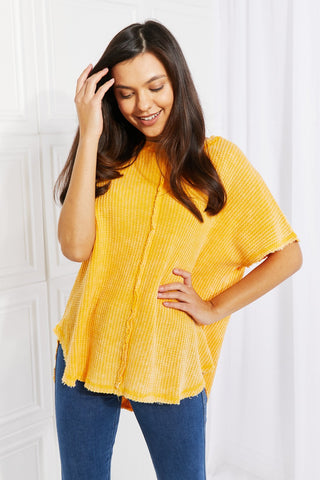 Shop Zenana Start Small Washed Waffle Knit Top in Yellow Gold - High-Quality U.S. Made Women’s Fashion with Free & Fast Shipping