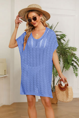 Shop Blue One Size Openwork Side Slit Knit Dress - High-Quality U.S. Made Women’s Fashion with Free & Fast Shipping