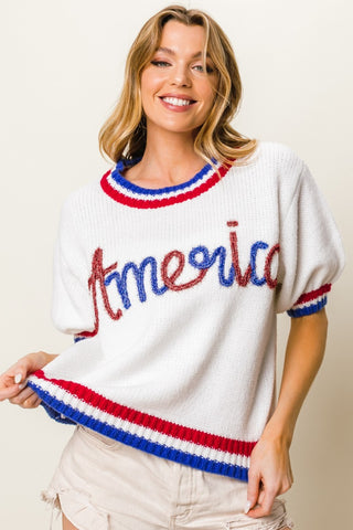 Shop BiBi Metallic America Letter Short Sleeve Sweater - High-Quality U.S. Made Women’s Fashion with Free & Fast Shipping