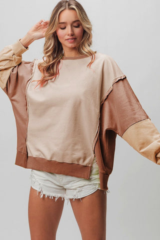 Shop Taupe Mocha Oatmeal BiBi Washed Color Block Sweatshirt - High-Quality U.S. Made Women’s Fashion with Free & Fast Shipping