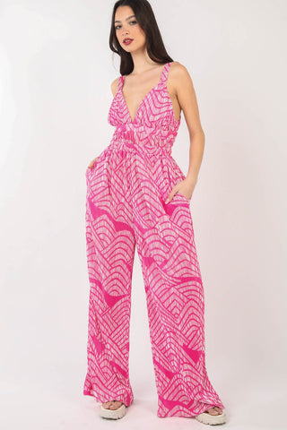 Shop VERY J Printed Pleated Sleeveless Wide Leg Jumpsuit - High-Quality U.S. Made Women’s Fashion with Free & Fast Shipping