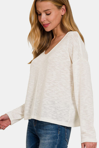 Shop Zenana V-Neck Dropped Shoulder Long Sleeve T-Shirt - High-Quality U.S. Made Women’s Fashion with Free Fast Shipping