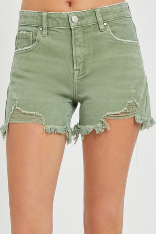 Shop Olive RISEN Mid Waist Frayed Hem Denim Shorts - High-Quality U.S. Made Women’s Fashion with Free & Fast Shipping