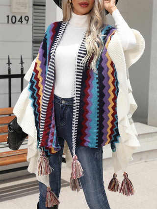 Shop Striped Open Front Poncho with Tassels - High-Quality U.S. Made Women’s Fashion with Free & Fast Shipping