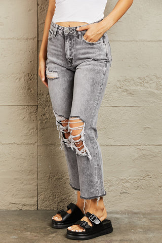 Shop BAYEAS Acid Wash Distressed Cropped Straight Jeans - High-Quality U.S. Made Women’s Fashion with Free & Fast Shipping