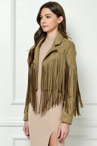 Shop OLIVE Veveret Suede Fringe Long Sleeve Moto Jacket - High-Quality U.S. Made Women’s Fashion with Free & Fast Shipping