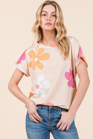 Shop Beige BOMBOM Floral Short Sleeve T-Shirt - High-Quality U.S. Made Women’s Fashion with Free & Fast Shipping