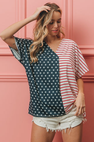 Shop BiBi US Flag Themed Color Block Short Sleeve T-Shirt - High-Quality U.S. Made Women’s Fashion with Free & Fast Shipping