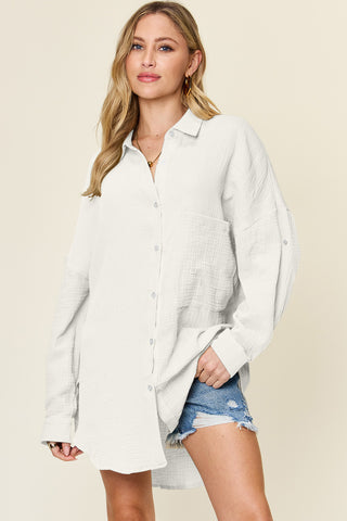 Shop Double Take Full Size Pocketed Texture Button Up Shirt - High-Quality U.S. Made Women’s Fashion with Free & Fast Shipping