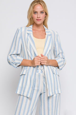 Shop Blue Love Tree Linen Woven Striped Blazer - High-Quality U.S. Made Women’s Fashion with Free & Fast Shipping