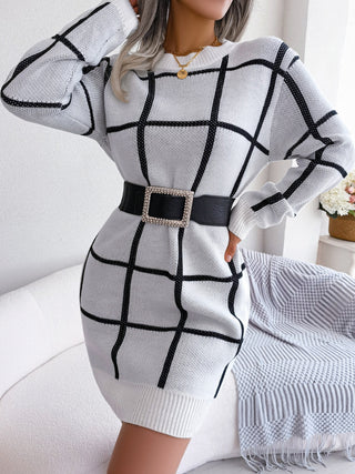 Shop Plaid Round Neck Dropped Shoulder Sweater Dress - High-Quality U.S. Made Women’s Fashion with Free Fast Shipping