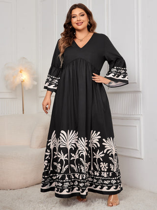 Shop Honey Plus Size Printed V-Neck Long Sleeve Maxi Dress - High-Quality U.S. Made Women’s Fashion with Free Fast Shipping