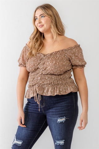 Shop Zenobia Plus Size Frill Ruched Off-Shoulder Short Sleeve Blouse - High-Quality U.S. Made Women’s Fashion with Free & Fast Shipping