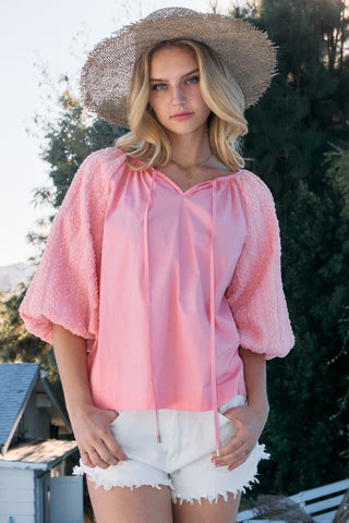 Shop Pink ODDI Full Size Poplin Bubble Sleeve Blouse - High-Quality U.S. Made Women’s Fashion with Free & Fast Shipping