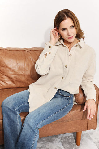 Shop HEYSON Full Size Oversized Corduroy Button-Down Tunic Shirt with Bust Pocket - High-Quality U.S. Made Women’s Fashion with Free & Fast Shipping