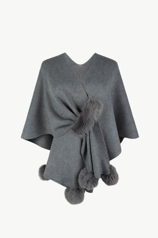 Shop Charcoal One Size Surplice Neck Pom-Pom Trim Poncho - High-Quality U.S. Made Women’s Fashion with Free & Fast Shipping