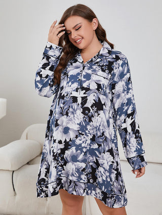 Shop Plus Size Floral Lapel Collar Long Sleeve Night Dress - High-Quality U.S. Made Women’s Fashion with Free & Fast Shipping