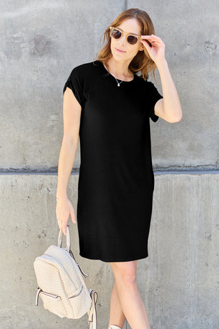 Shop Black Basic Bae Bamboo Full Size Round Neck Short Sleeve Dress with Pockets - High-Quality U.S. Made Women’s Fashion with Free & Fast Shipping