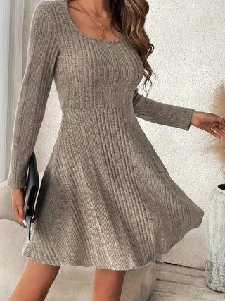 Shop Ribbed Scoop Neck Long Sleeve Sweater Dress - High-Quality U.S. Made Women’s Fashion with Free & Fast Shipping