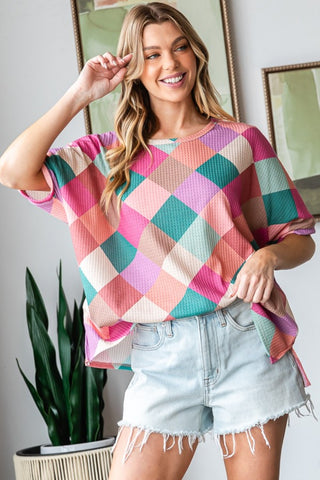 Shop Multi Color HOPELY Full Size Multi Colored Argyle Side Slit T-Shirt - High-Quality U.S. Made Women’s Fashion with Free & Fast Shipping