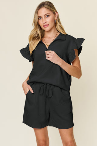 Shop Black Double Take Full Size Texture Flounce Sleeve Top and Drawstring Shorts Set - High-Quality U.S. Made Women’s Fashion with Free & Fast Shipping