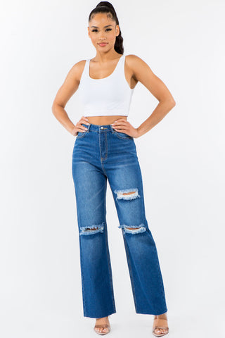 Shop Blue American Bazi High Waist Distressed Wide Leg Jeans - High-Quality U.S. Made Women’s Fashion with Free & Fast Shipping