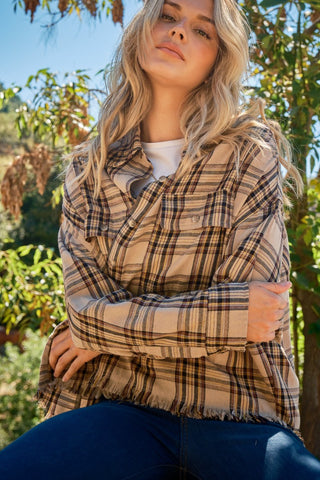 Shop And The Why Full Size Button Up Raw Hem Plaid Shirt - High-Quality U.S. Made Women’s Fashion with Free & Fast Shipping