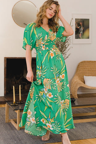 Shop ODDI Full Size Floral Smocked Tied Back Maxi Dress - High-Quality U.S. Made Women’s Fashion with Free & Fast Shipping