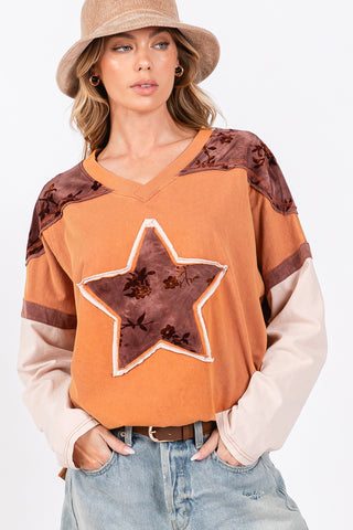 Shop Rust SAGE + FIG Star Patch Long Sleeve Color Block T-Shirt - High-Quality U.S. Made Women’s Fashion with Free & Fast Shipping