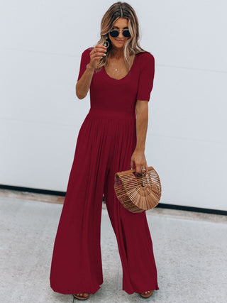 Shop Burgundy Scoop Neck Short Sleeve Jumpsuit - High-Quality U.S. Made Women’s Fashion with Free & Fast Shipping