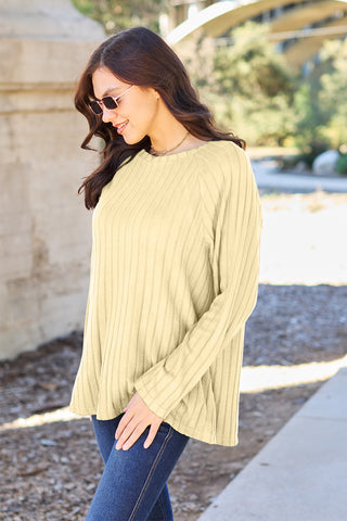 Shop Basic Bae Full Size Ribbed Round Neck Long Sleeve Knit Top - High-Quality U.S. Made Women’s Fashion with Free & Fast Shipping